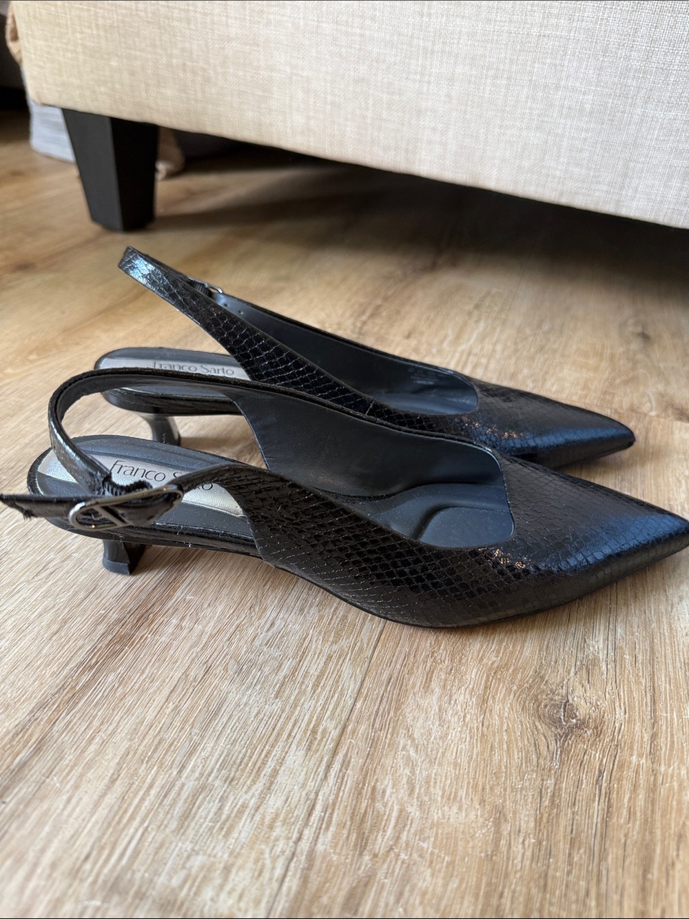 Franco Sarto Black Faux-Snakeskin Pointed Slingback Kitten Heels - Picture 3 of 7